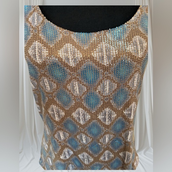 AREA.NYC HAUTE COUTURE BLUE & TAN SEQUIN DRESSY COCKTAIL FORMAL LUXURY TOP SZ M - Picture 3 of 9